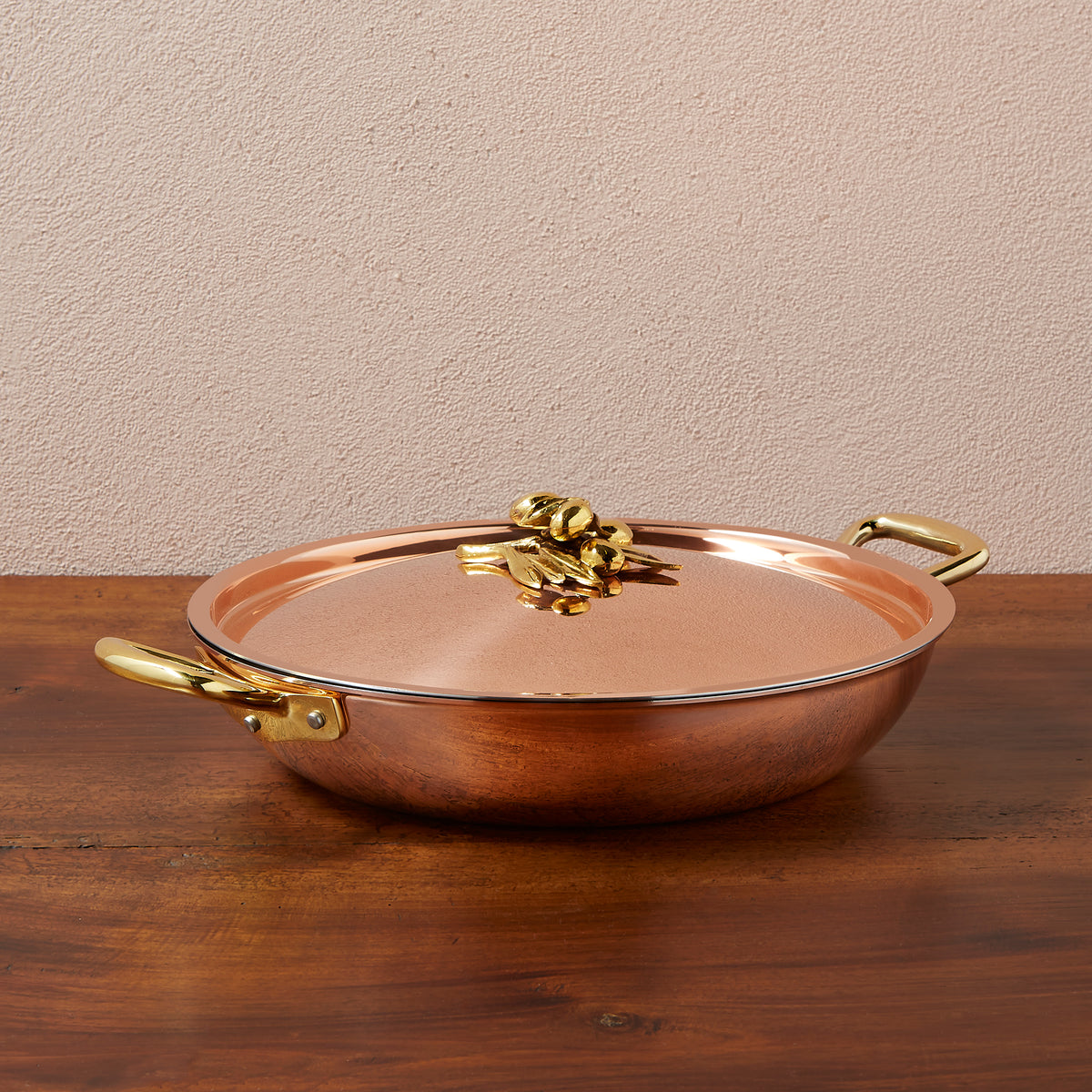 Ruffoni Olivia Cupra 12inch serving frying pan copper cookware with stainless steel lining, brass handles and decorated lids with brass olive and leaf knob finials
