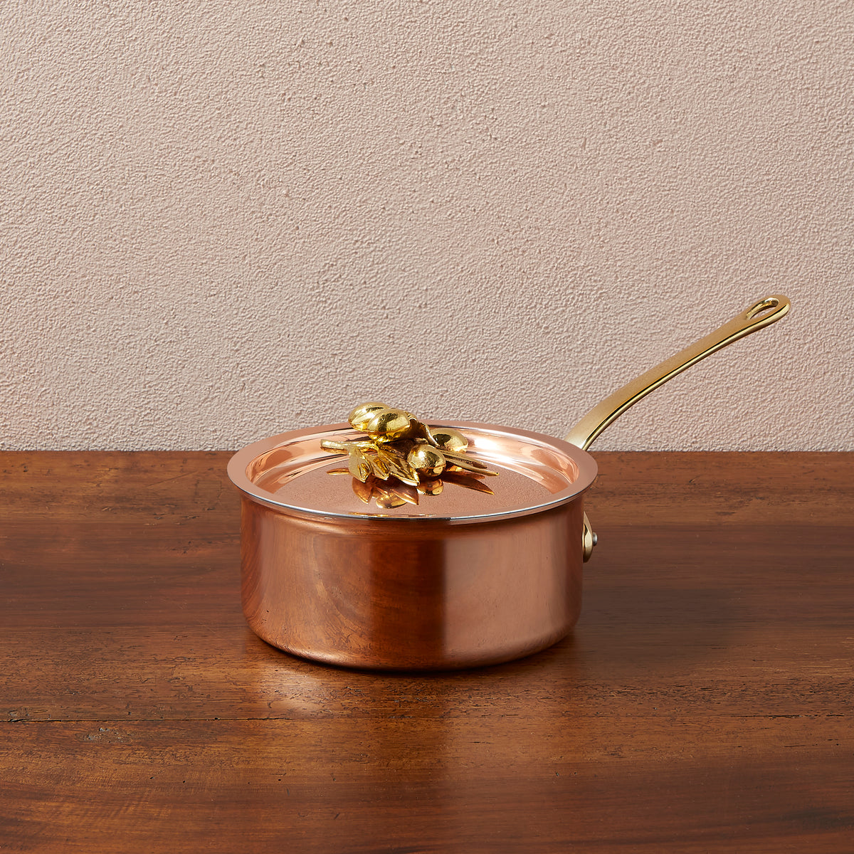 Ruffoni Olivia Cupra 1.5qt saucepan copper cookware with stainless steel lining, brass handles and decorated lids with brass olive and leaf knob finials