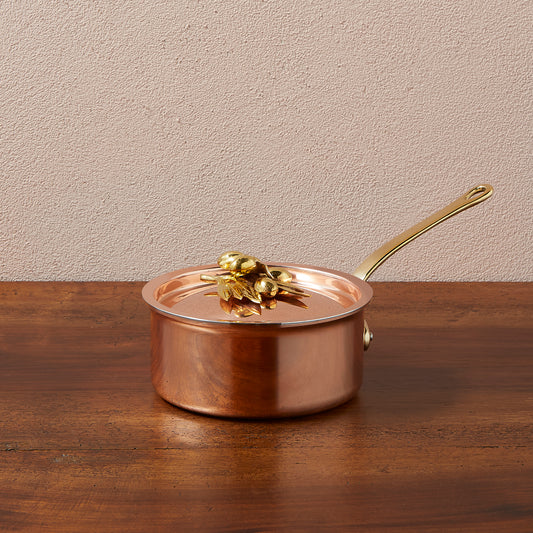 Ruffoni Olivia Cupra 1.5qt saucepan copper cookware with stainless steel lining, brass handles and decorated lids with brass olive and leaf knob finials