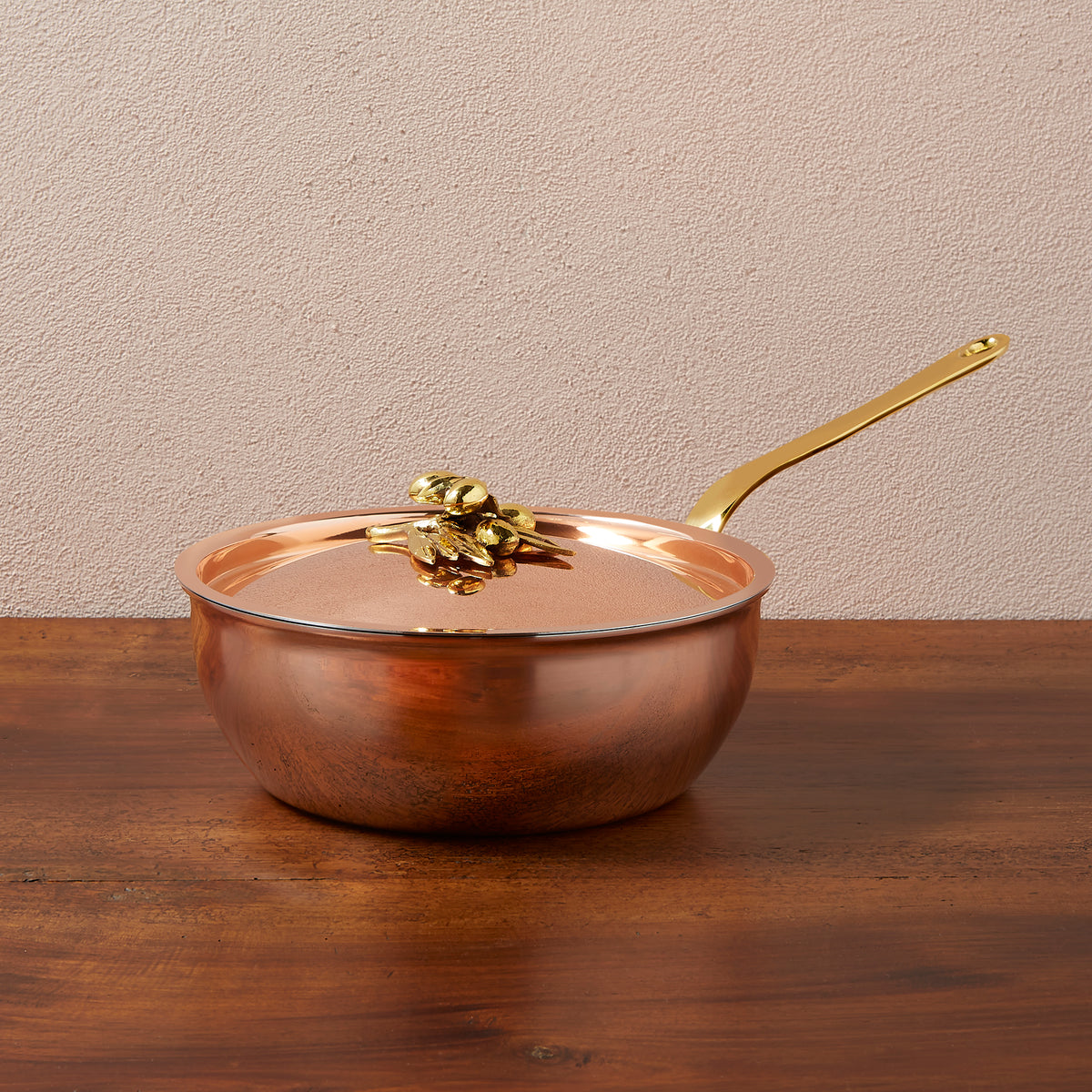 Ruffoni Olivia Cupra 4qt chef pan copper cookware with stainless steel lining, brass handles and decorated lids with brass olive and leaf knob finials