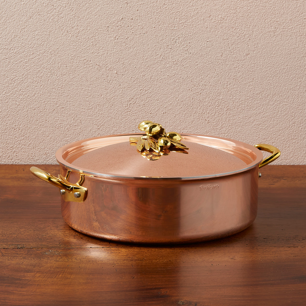 Ruffoni Olivia Cupra 5qt braiser copper cookware with stainless steel lining, brass handles and decorated lids with brass olive and leaf knob finials