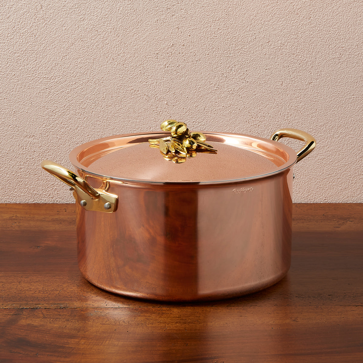 Ruffoni Olivia Cupra 8qt stockpot copper cookware set with stainless steel lining, brass handles and decorated lids with brass olive and leaf knob finials