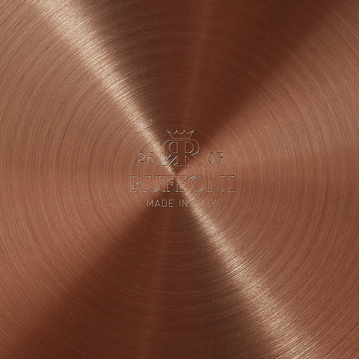 Ruffoni Made in Italy logo stamped on the copper base of Olivia Cupra cookware for authenticity