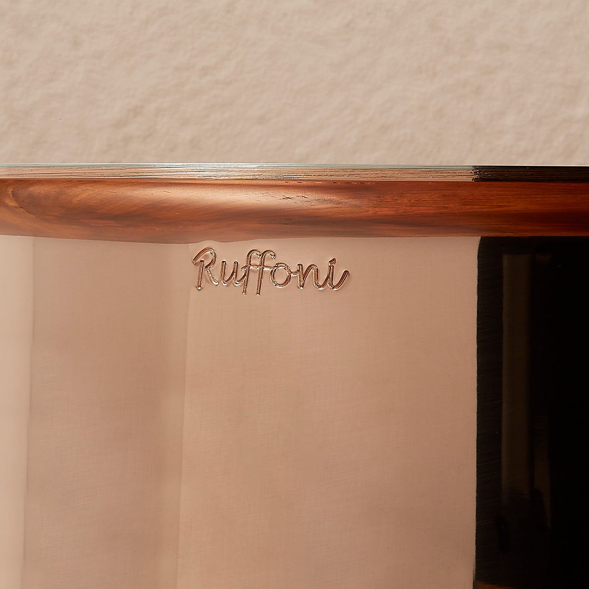 Ruffoni signature engraved on the polished copper exterior of Olivia Cupra cookware