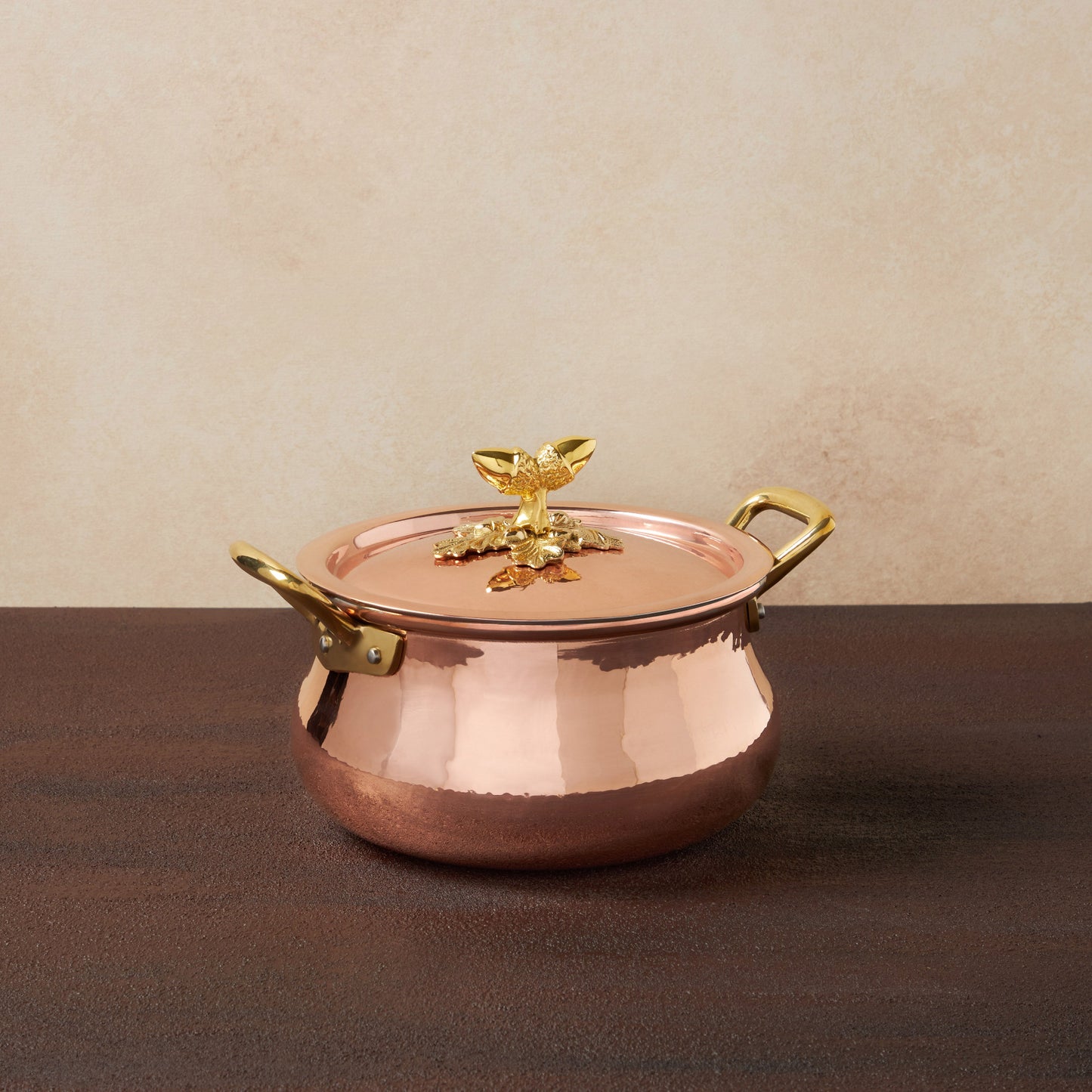 Hammered copper 3 Qt Belly Soup Pot  lined with high purity tin applied by hand over fire and bronze handles, from Ruffoni Historia collection