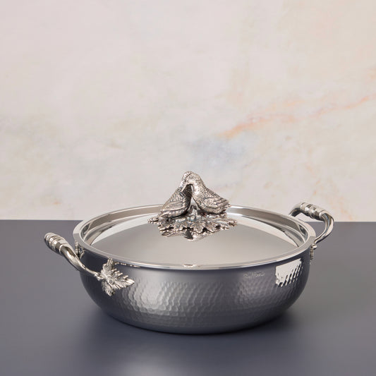 Opus Prima hammered clad stainless steel ultimate pan with decorated silver-plated lid lovebirds knob finial from Ruffoni