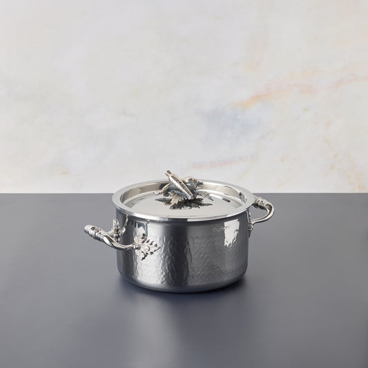 Opus Prima hammered clad stainless steel small saucepot with decorated silver-plated lid knob finial from Ruffoni