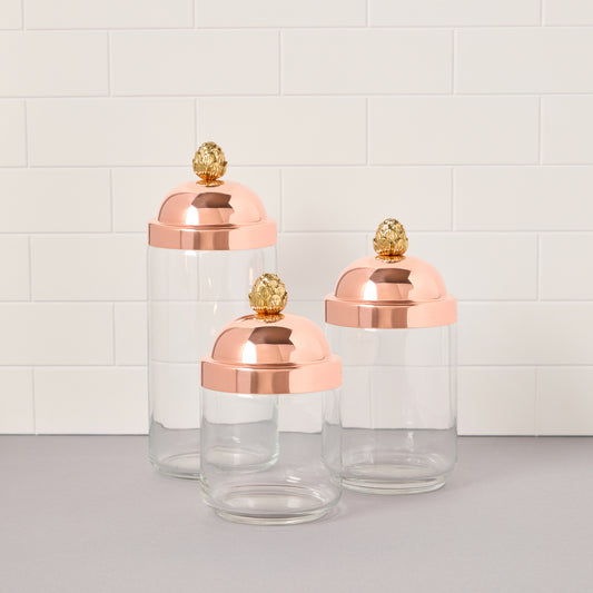 3  Glass Kitchen jars with sealed copper lid