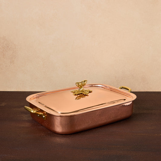 Ruffoni Historia rectangular roaster.  Crafted in hammered copper and tin-lined by hand over fire.