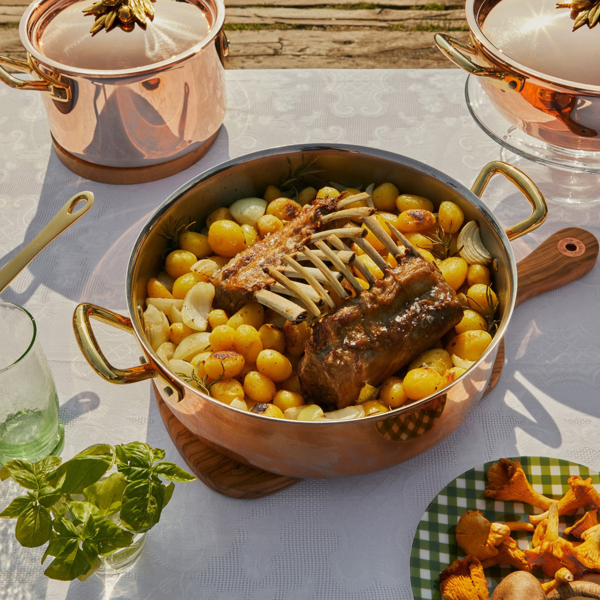 Italian lamb and potato roast on a Olivia Cupra copper braiser 7 qt