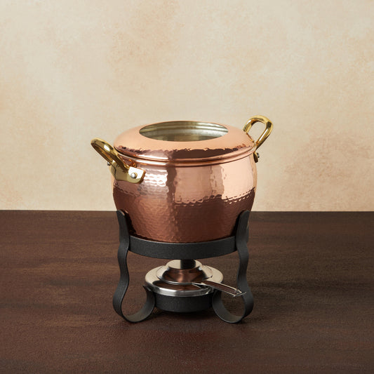Hammered copper 4 Piece Foundue Michelle  Set lined with high purity tin applied by hand over fire and bronze handles, from Ruffoni Historia collection