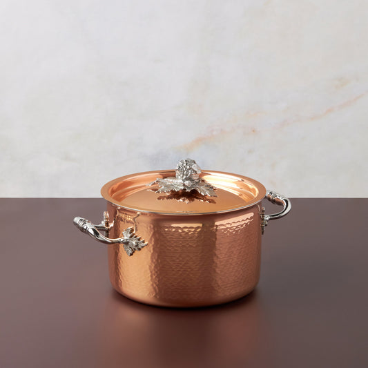 Opus Cupra hammered copper  with stainless steel lining and decorated silver-plated lid knob finial from Ruffoni