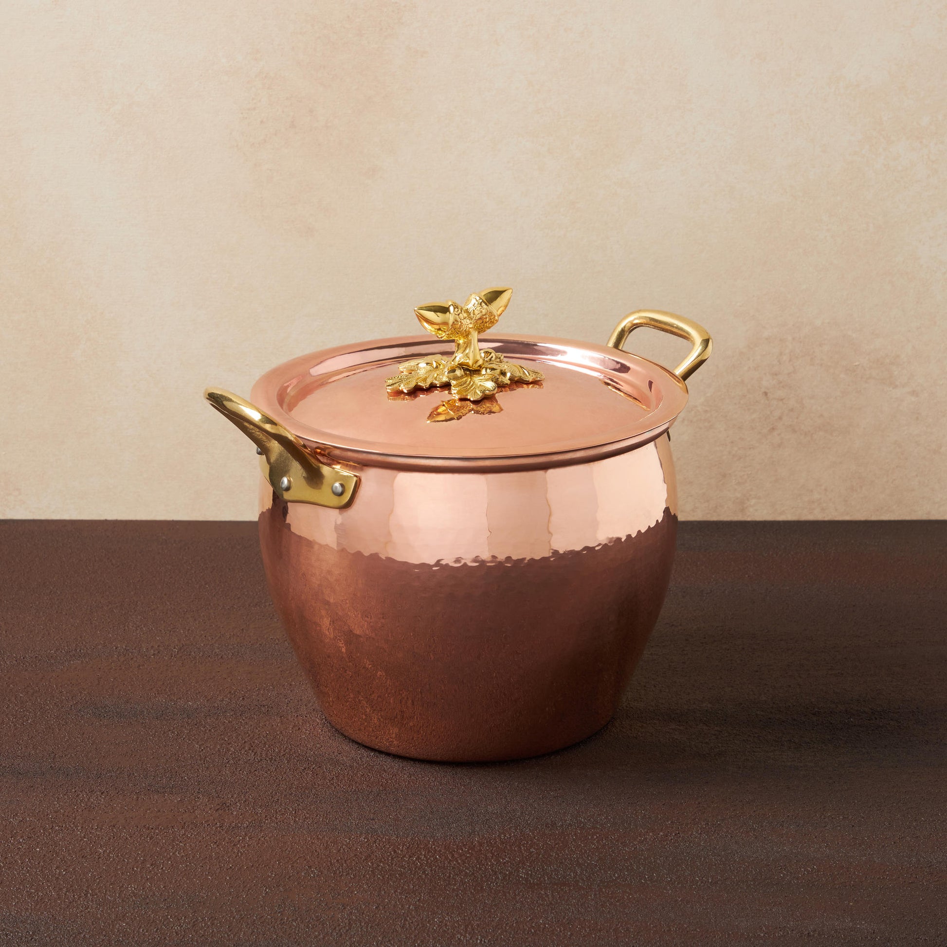 Hammered copper 5 Qt Stockpot  lined with high purity tin applied by hand over fire and bronze handles, from Ruffoni Historia collection