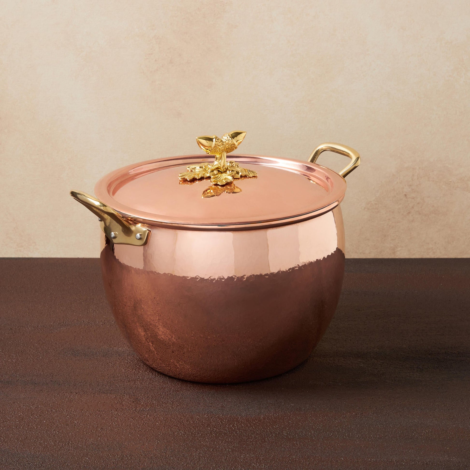 Hammered copper 7.5 Qt Stockpot  lined with high purity tin applied by hand over fire and bronze handles, from Ruffoni Historia collection