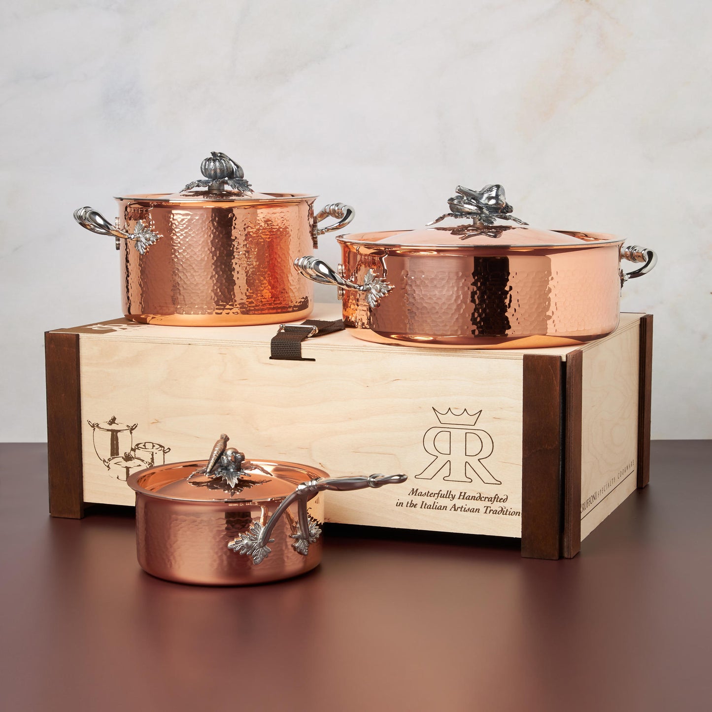 6 piece set Opus Cupra hammered copper with stainless steel lining and decorated silver-plated lid knob finial from Ruffoni
