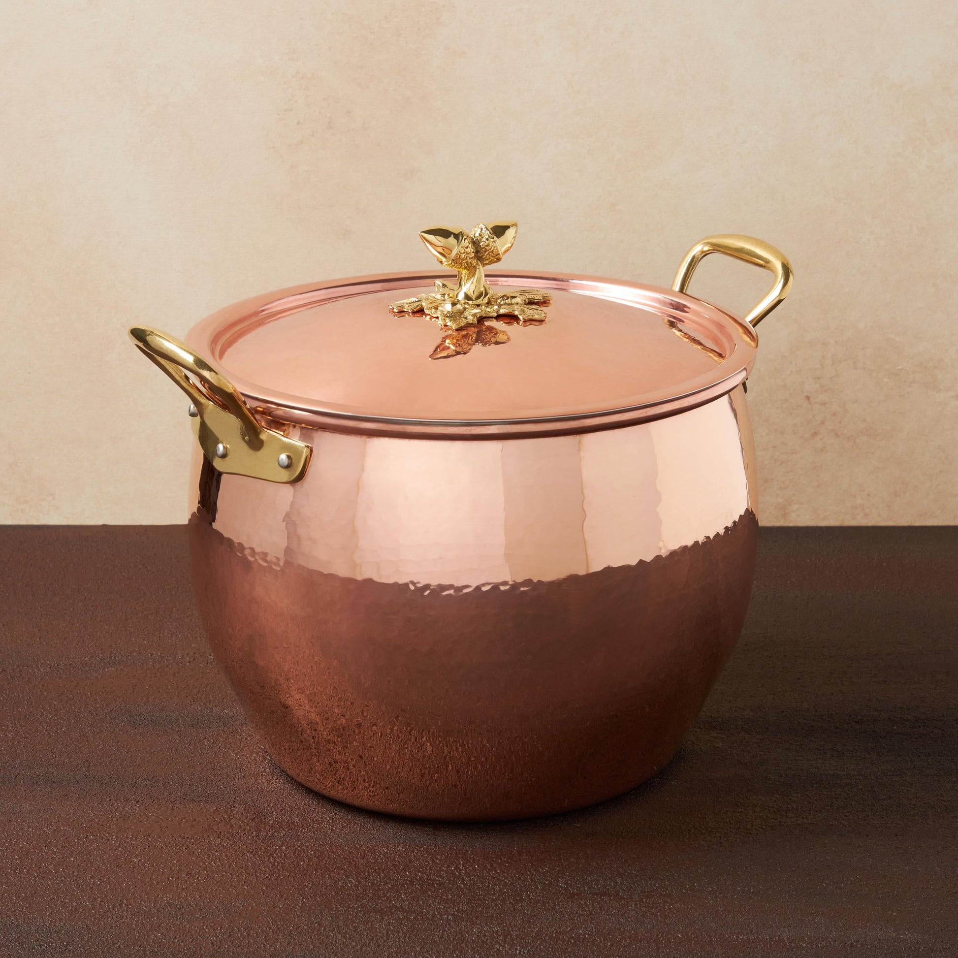 Hammered copper 12 Qt Stockpot  lined with high purity tin applied by hand over fire and bronze handles, from Ruffoni Historia collection