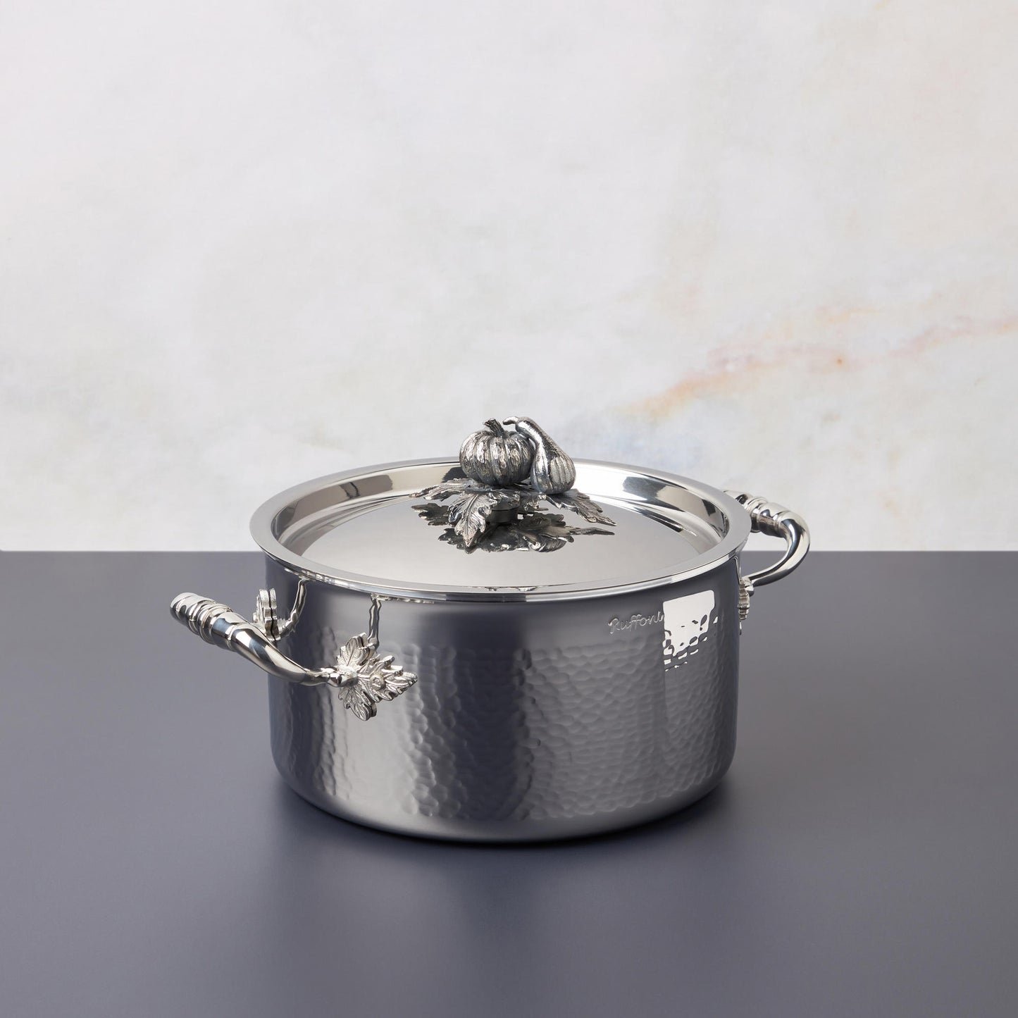 Opus Prima hammered clad stainless steel soup pot with decorated silver-plated lid knob finial from Ruffoni