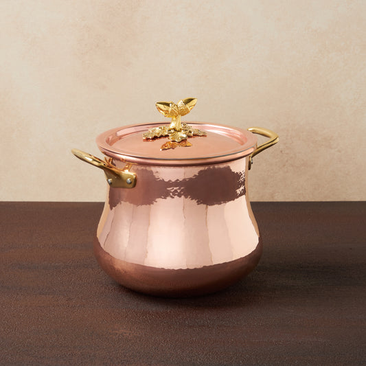 Hammered copper 5 Qt Belly Soup Pot  lined with high purity tin applied by hand over fire and bronze handles, from Ruffoni Historia collection