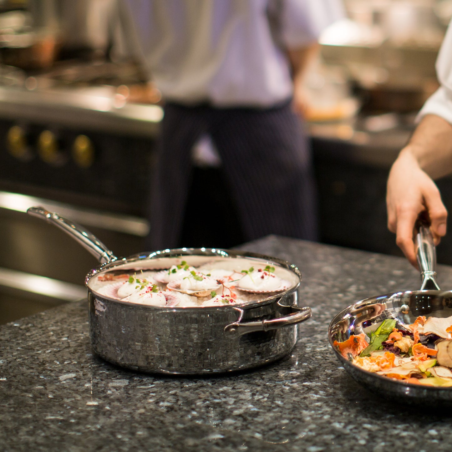 Hammered clad stainless steel sauté pan with lid from Ruffoni