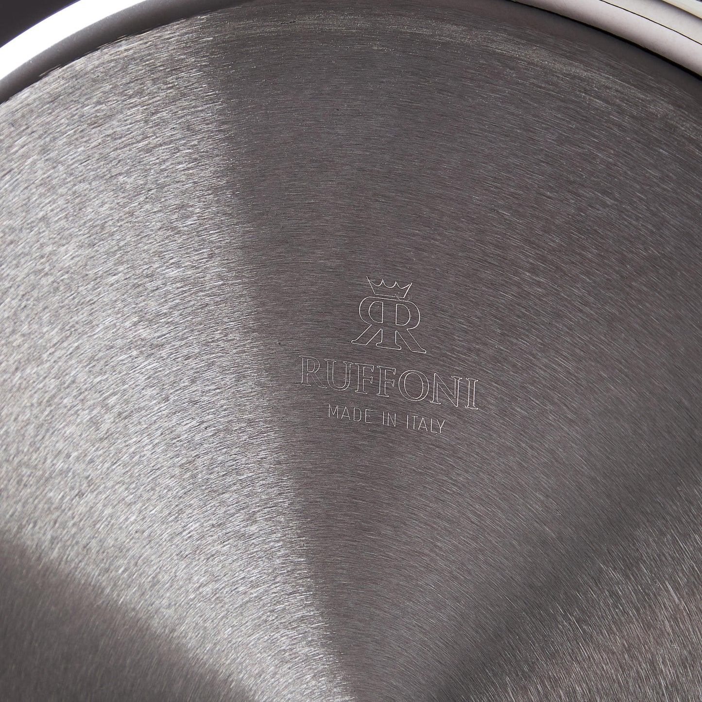 Ruffoni Made in Italy brand logo stamped under stainless steel saucepan for authenticity