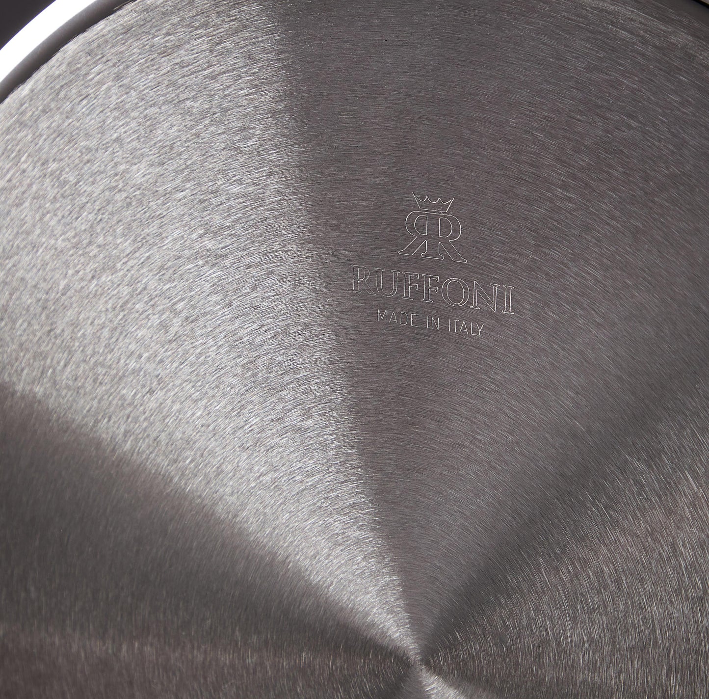 Ruffoni Made in Italy brand logo stamped under stainless steel saucepan for authenticity
