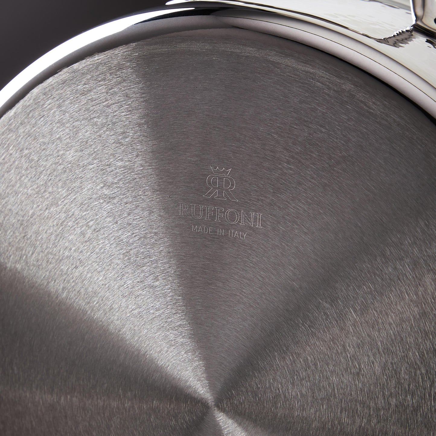 Ruffoni Made in Italy brand logo stamped under stainless steel saucepan for authenticity