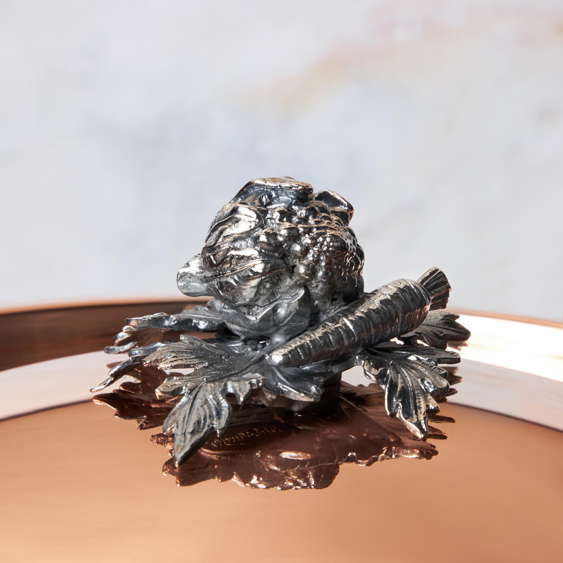 Decorated knob finial representing cauliflower and carrot, cast in solid bronze and silver plated, on Opus Cupra clad copper lid by Ruffoni