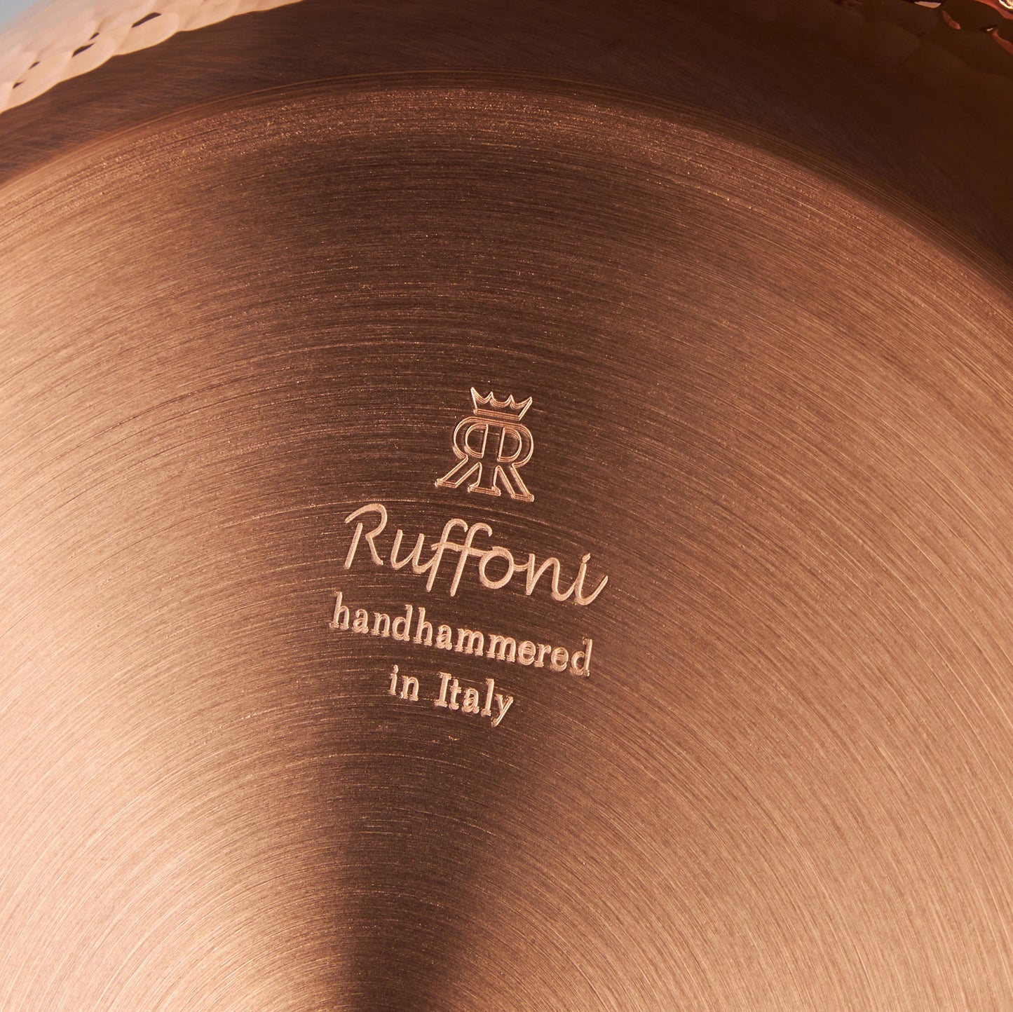 Ruffoni Made in Italy brand logo stamped under Opus Cupra copper 4 qt chef's pan for authenticity