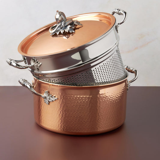 Ruffoni 8qt Stockpot with Pasta Insert from the Opus Cupra collection. Crafted in hammered copper with stainless steel lining, and decorated silver-plated lid knob finial