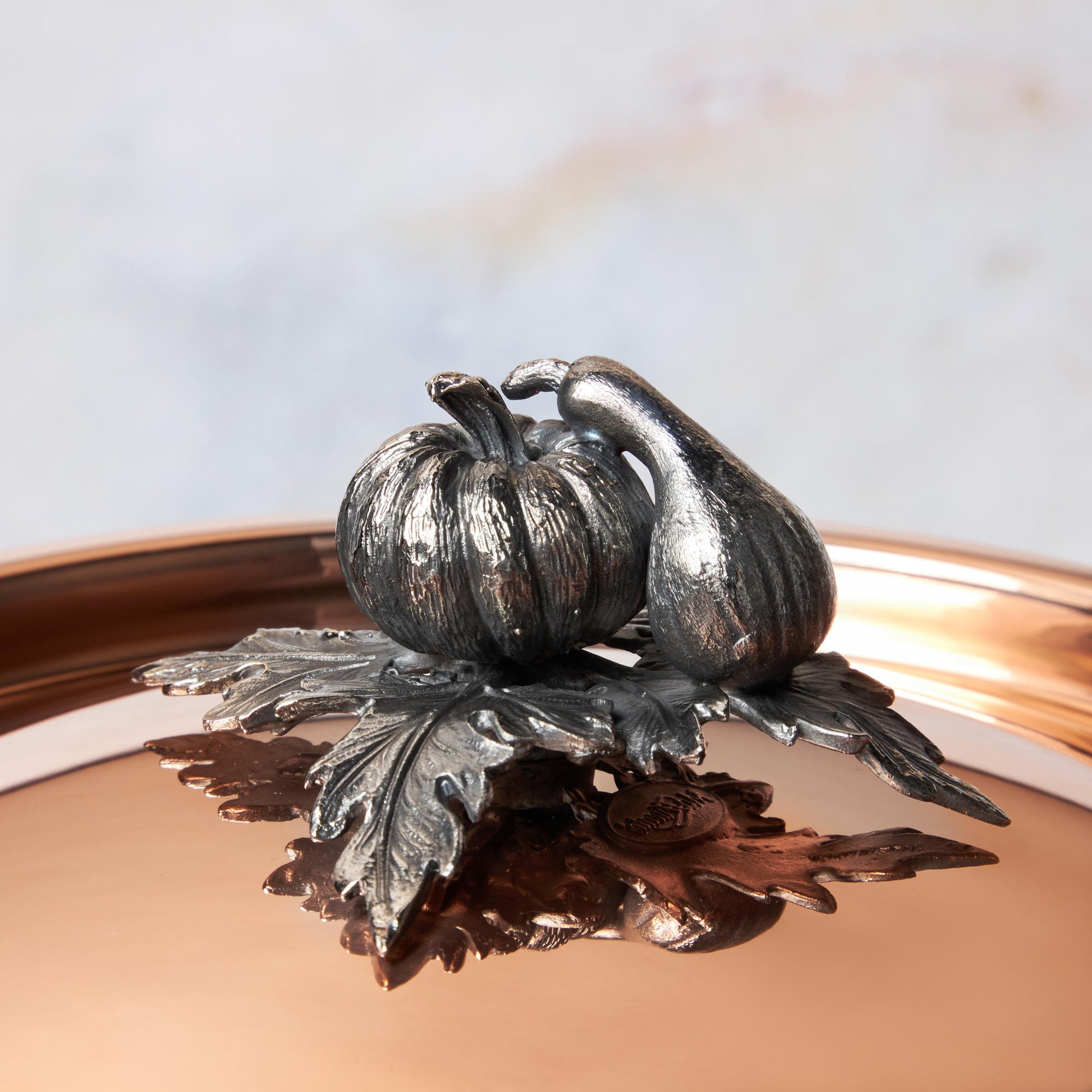 Decorated knob finial representing pumpkin and gourd, cast in solid bronze and silver plated, on Opus Cupra clad copper lid by Ruffoni