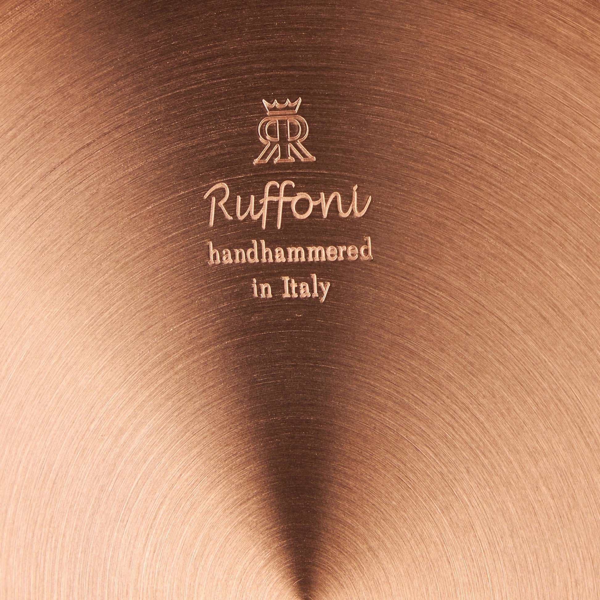 Ruffoni Made in Italy brand logo stamped under Opus Cupra copper 3.5 qt saucepan for authenticity
