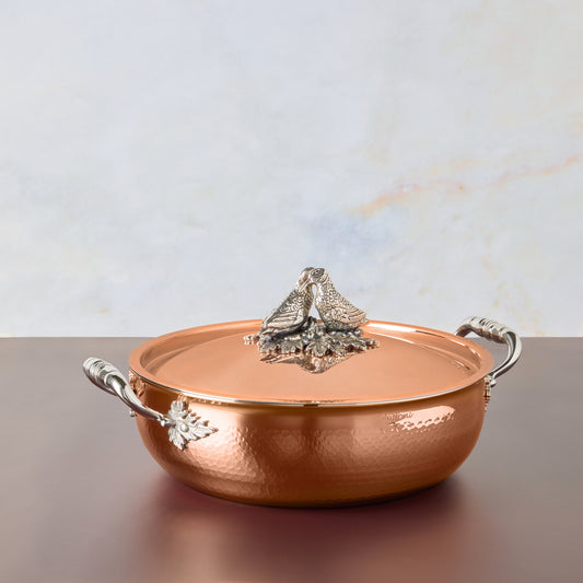 Opus Cupra hammered copper  with stainless steel lining and decorated silver-plated lid knob finial from Ruffoni