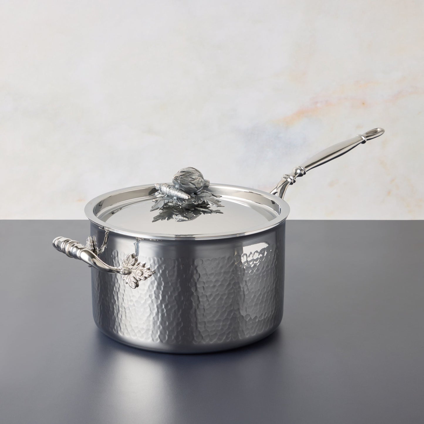 Opus Prima hammered clad stainless steel 4 Qt  saucepan with decorated silver-plated lid knob finial from Ruffoni