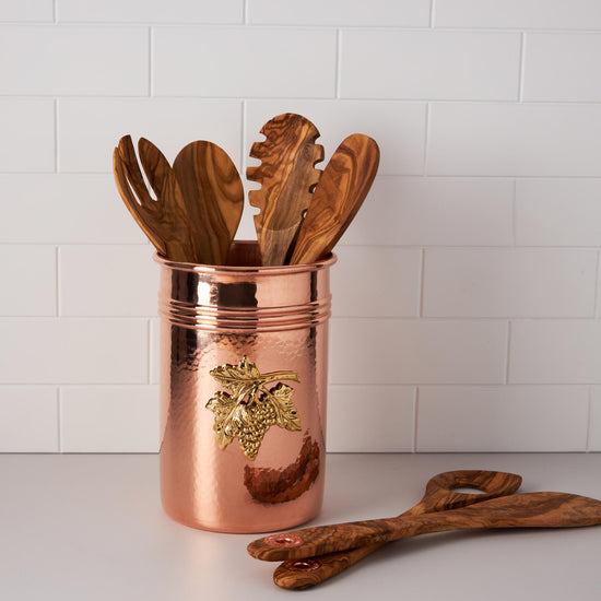 Container with  kitchen utensils, made of solid copper, decorated with a bronze plaque depicting grapes, by Ruffoni